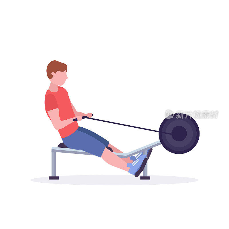 sports man doing exercises on rowing machine guy working out in gym on training apparatus fitness healthy lifestyle concept flat white background